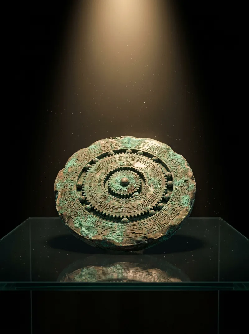 Bronze orrery disc with heavy green verdigris, concentric gear rings and small spheres, spot-lit in a glass museum case