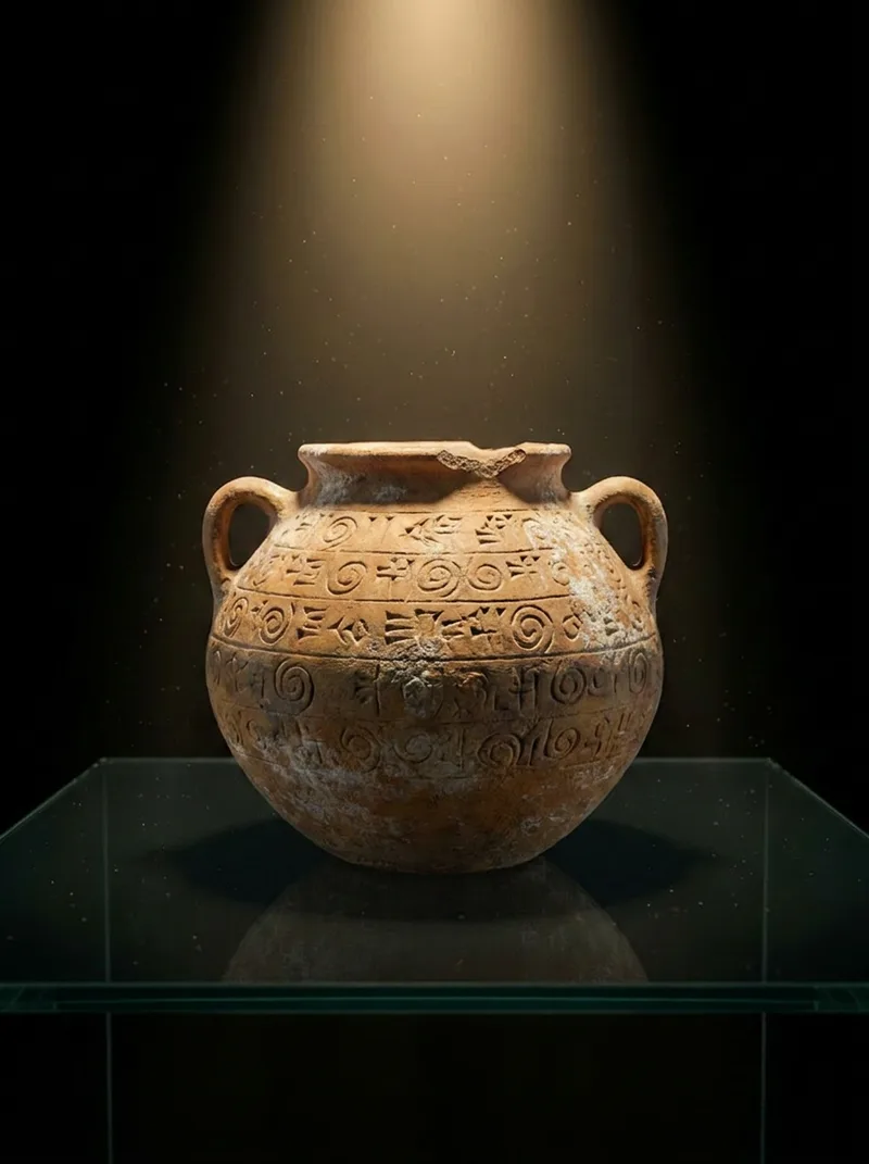 Terracotta vessel with two handles, incised with spiralling script, salt bloom on the clay, spot-lit in a glass museum case