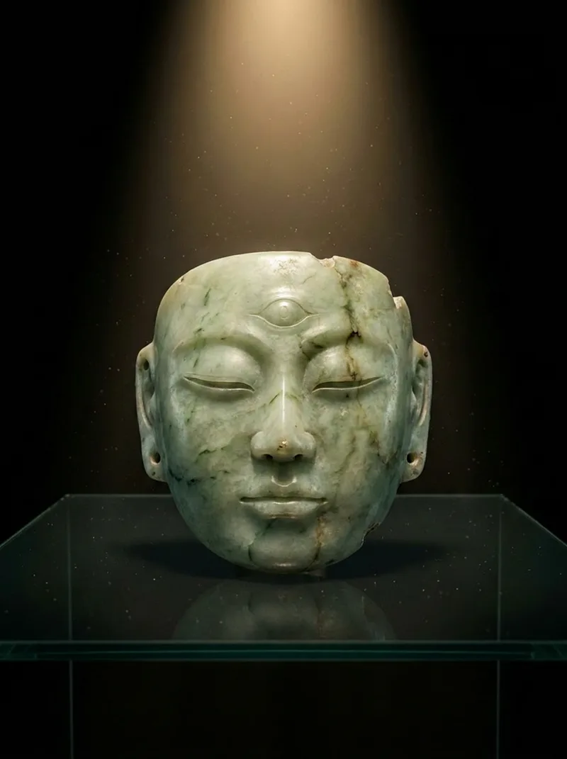 Pale green jade mask with closed eyes and a small third eye carved on the brow, spot-lit in a glass museum case