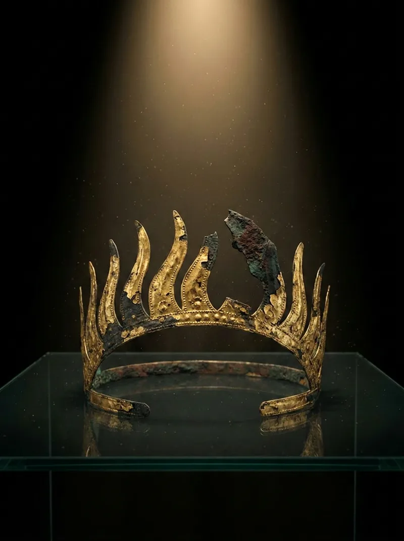 Gilded bronze diadem with flame-shaped rays curving inward, flaking gold leaf, one ray broken, spot-lit in a glass museum case