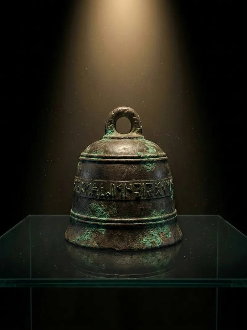 Squat cast-bronze bell with a heavy crown loop and a band of angular script, dark patina with verdigris, spot-lit in a glass museum case