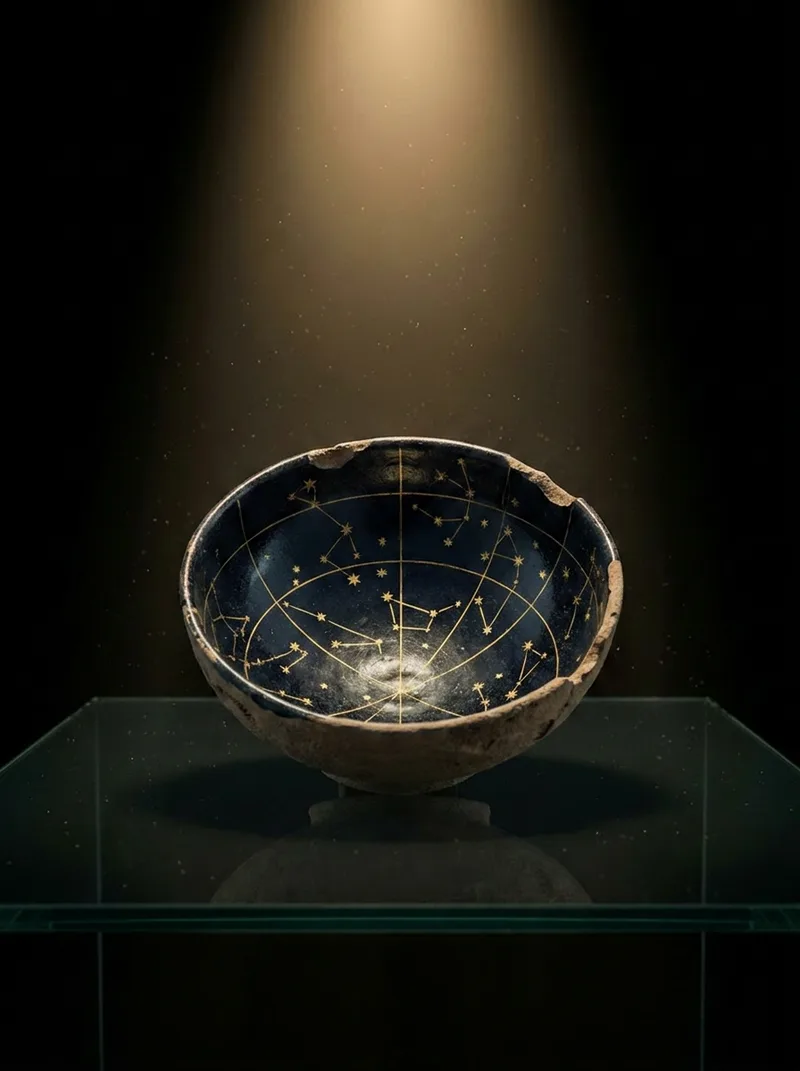 Ceramic bowl glazed midnight blue inside, inlaid with a gold star map joined by hairlines, chipped rim, spot-lit in a glass museum case