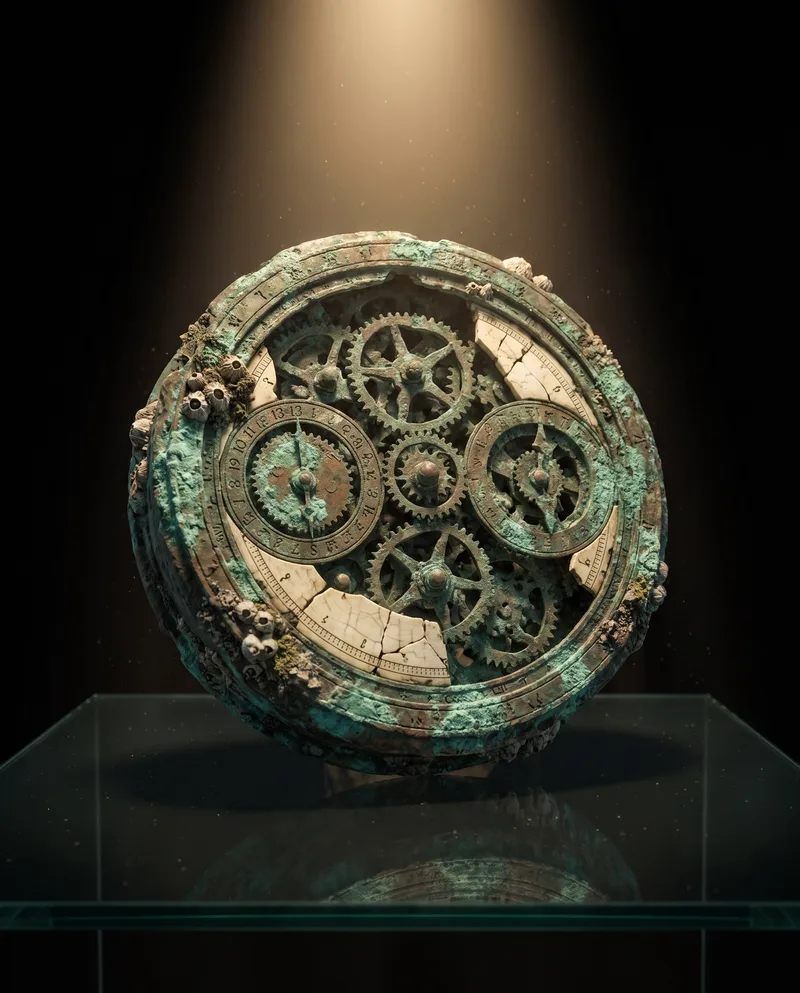 Large corroded bronze computational mechanism, dozens of interlocking gears behind broken casing, ivory scale fragments and marine accretion, spot-lit on museum glass